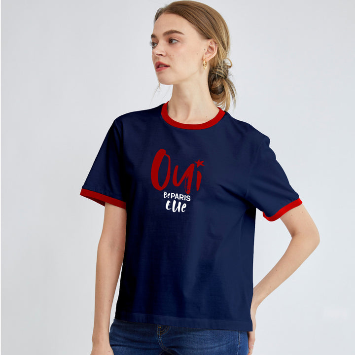 ELLE เสื้อยืด T-SHIRT แขนสั้น แต่งผ้า Rib สกรีนลายกราฟฟิค สีน้ำเงิน 