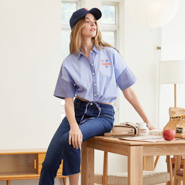 ELLE เสื้อเชิ๊ตสตรีผ้า COTTON/NYLON/SPANDEX แขนสั้น ปลายแขนพับเบิ้ล ทรงCROP รุ่น W3B277 