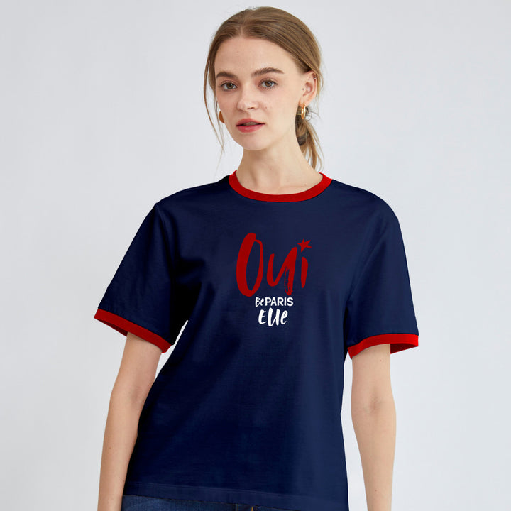 ELLE เสื้อยืด T-SHIRT แขนสั้น แต่งผ้า Rib สกรีนลายกราฟฟิค สีน้ำเงิน 