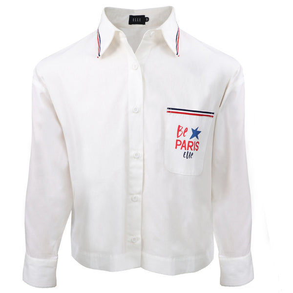 ELLE เสื้อเชิ๊ต CROP สตรี ผ้า COTTON แขนยาว ทรงBOXY สกรีนกระเป๋า รุ่น W3B272 