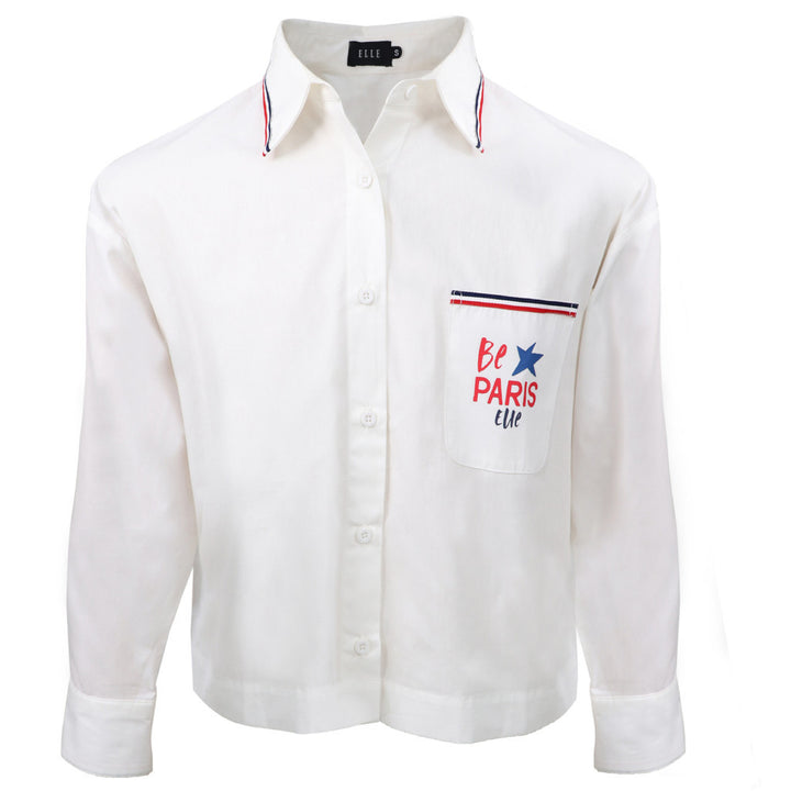 ELLE เสื้อเชิ๊ต CROP สตรี ผ้า COTTON แขนยาว ทรงBOXY สกรีนกระเป๋า รุ่น W3B272 