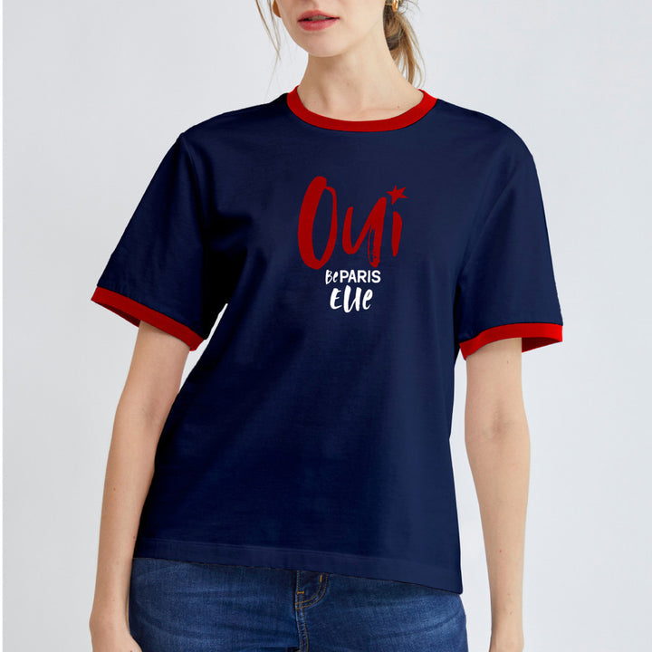 ELLE เสื้อยืด T-SHIRT แขนสั้น แต่งผ้า Rib สกรีนลายกราฟฟิค สีน้ำเงิน 