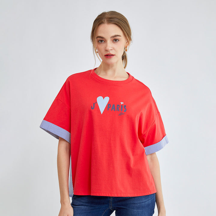 ELLE เสื้อยืด T-SHIRT ผ้า COTTON แขนสั้น ปลายแขนพับเบิ้ล สกรีนลายกราฟฟิค (มีให้เลือก 3สี)  รุ่น W3K689 