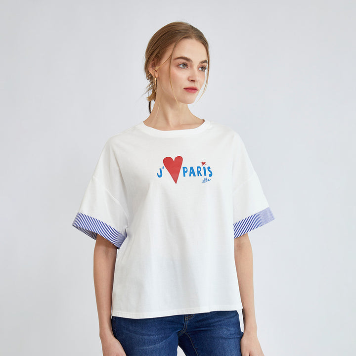 ELLE เสื้อยืด T-SHIRT ผ้า COTTON แขนสั้น ปลายแขนพับเบิ้ล สกรีนลายกราฟฟิค (มีให้เลือก 3สี)  รุ่น W3K689 