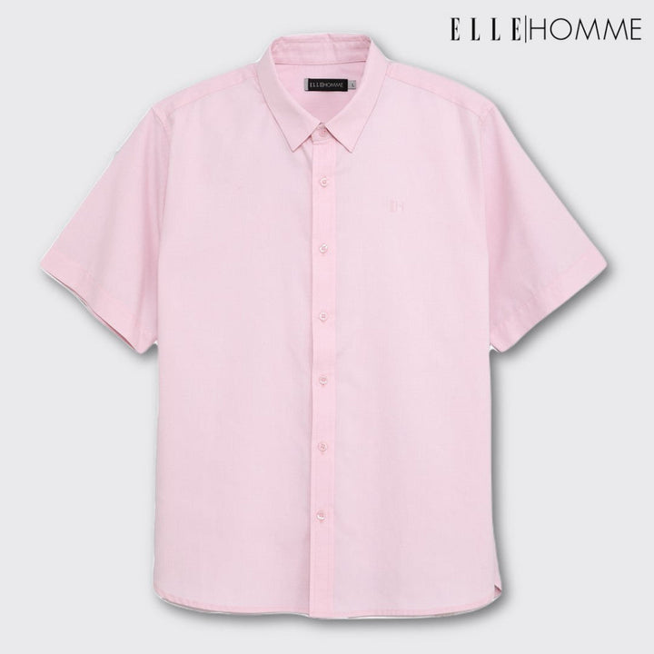 ELLE HOMME | เสื้อเชิ้ตแขนสั้น คอปกเชิ้ต ทรงโอเวอร์ไซซ์ สวมใส่สบาย ปักโลโก้ EH สีชมพู | W8B670 ICCSHOPPING