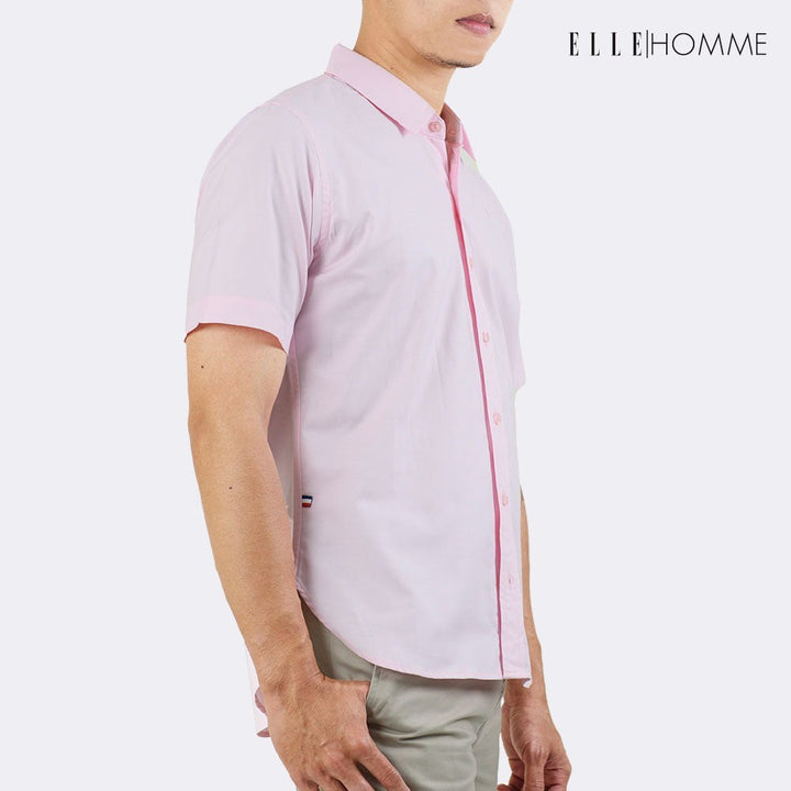 ELLE HOMME | เสื้อเชิ้ตแขนสั้น คอปกเชิ้ต ทรงโอเวอร์ไซซ์ สวมใส่สบาย ปักโลโก้ EH สีชมพู | W8B670 ICCSHOPPING