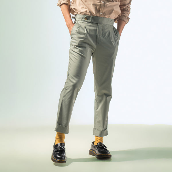 era-won กางเกงขายาว รุ่น Double Belts Trousers V5 ทรง Skinny Crop เอวสูง สี Light Green 