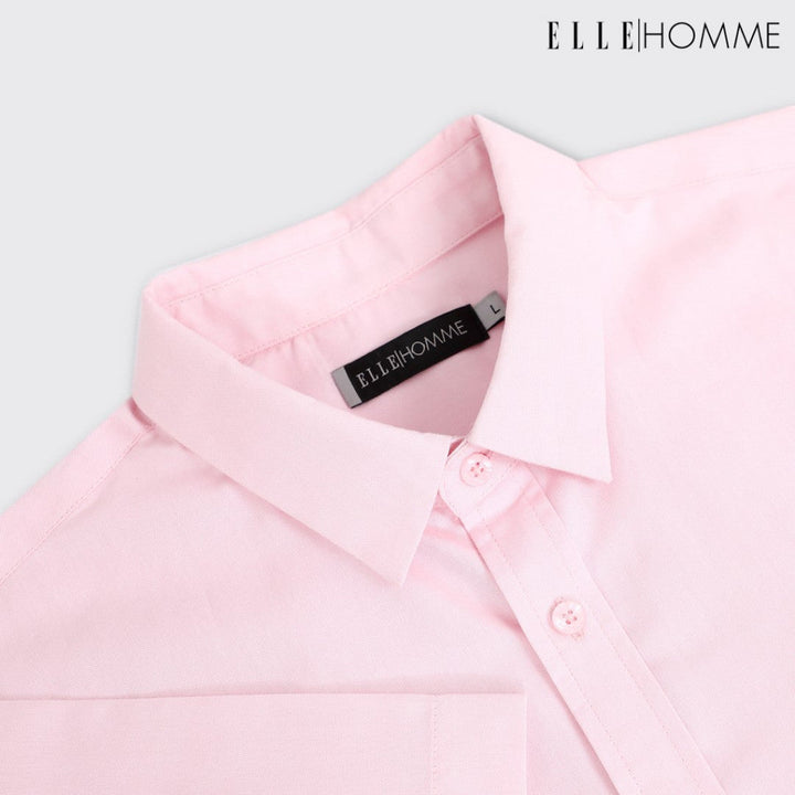 ELLE HOMME | เสื้อเชิ้ตแขนสั้น คอปกเชิ้ต ทรงโอเวอร์ไซซ์ สวมใส่สบาย ปักโลโก้ EH สีชมพู | W8B670 ICCSHOPPING