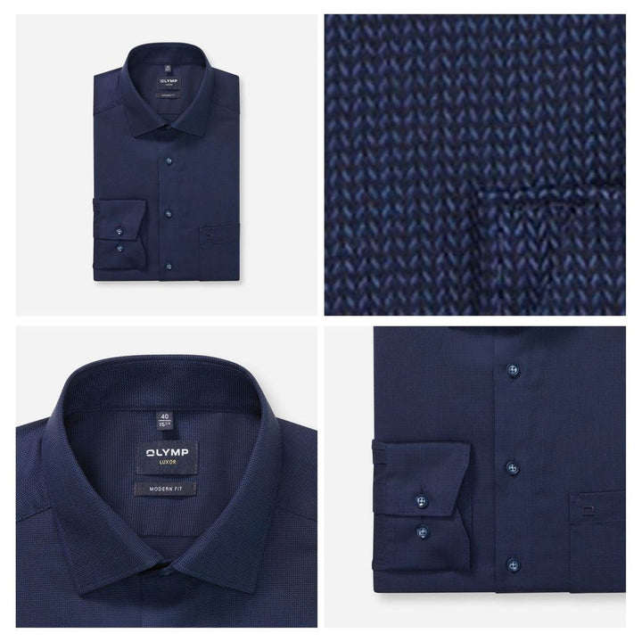 OLYMP LUXOR Shirt เสื้อเชิ้ตผู้ชายแขนยาว ทรงหลวม สีกรมท่าผ้าเท็กเจอร์ รีดง่าย ยับยาก (101T2NV) WINT25 ICCSHOPPING