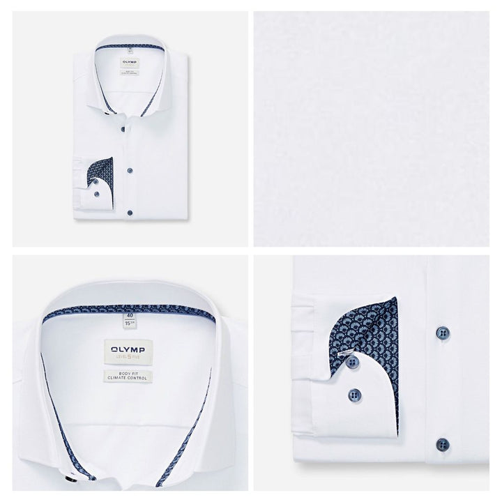 OLYMP Level five Shirt เสื้อเชิ้ตผู้ชายแขนยาว ทรงพอดีตัว สีขาว garment wash นุ่มพิเศษ (20T5WH) WINT25 ICCSHOPPING