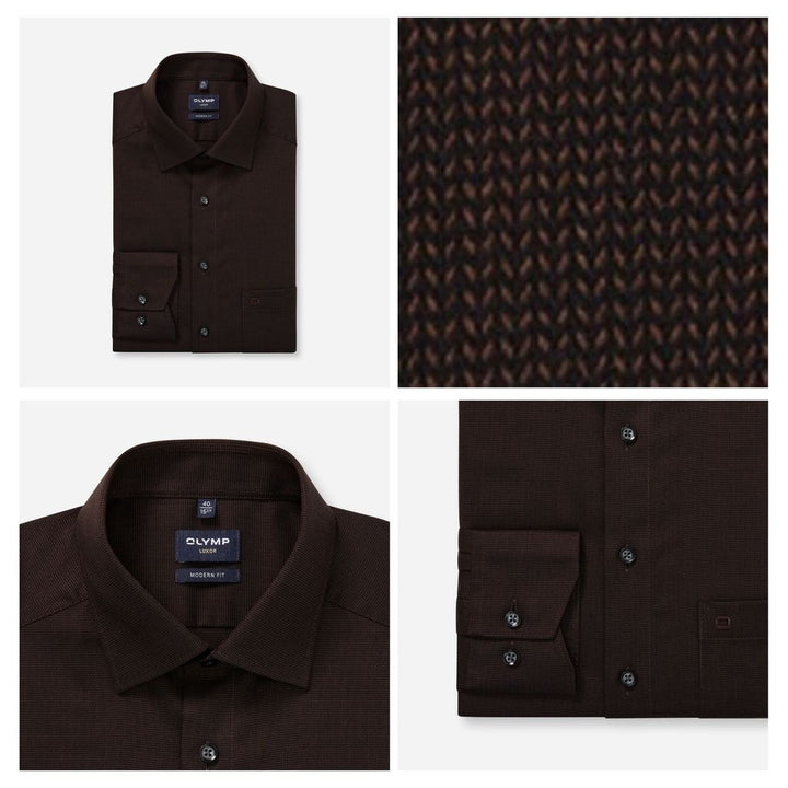 OLYMP LUXOR Shirt เสื้อเชิ้ตผู้ชายแขนยาว ทรงหลวม สีน้ำตาล ผ้าเท็กเจอร์ รีดง่าย ยับยาก (101T2BR) WINT25 ICCSHOPPING