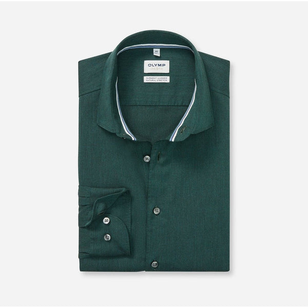 OLYMP LEVEL FIVE SHIRT เสื้อเชิ้ตผู้ชายแขนยาว ทรงพอดีตัว สีเขียว Garment Wash นุ่มพิเศษ (10T4DR) WINT25 ICCSHOPPING