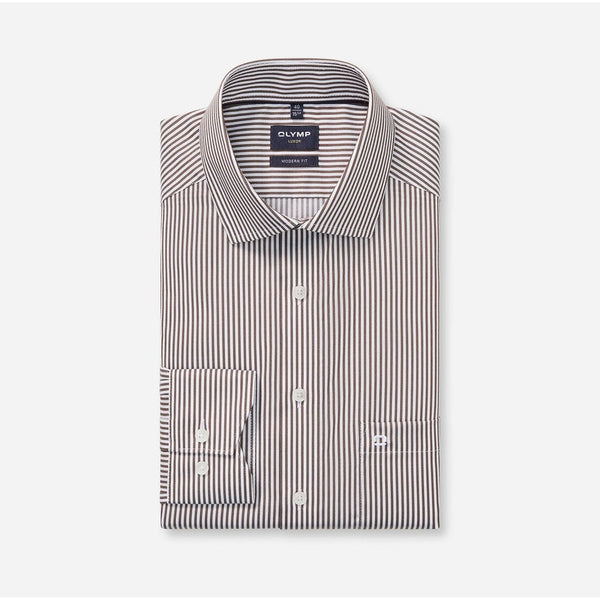 OLYMP LUXOR เสื้อเชิ้ตผู้ชายแขนยาวลายทาง ทรงพอดีตัว สีน้ำตาล รีดง่าย ยับยาก  (04S2BR) WINT25 ICCSHOPPING