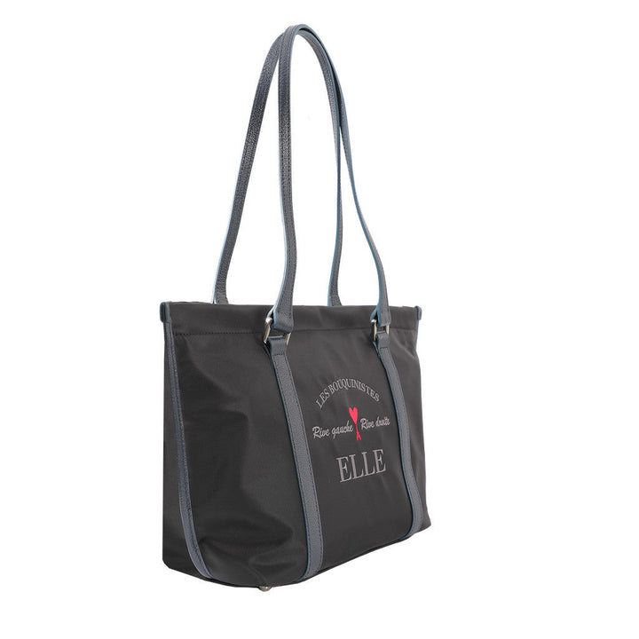 ELLE กระเป๋าสะพาย  ผ้าไนลอนสีดำรุ่น PARIS STORY ทรง SHOPPING BAG  ( มีซิปปากกระเป๋า )   รุ่น EWH823 ICCSHOPPING