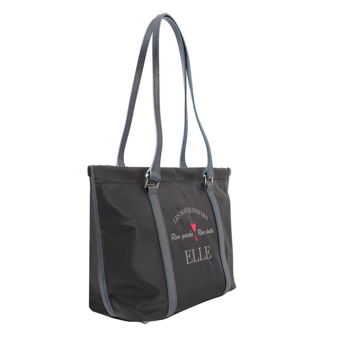 ELLE กระเป๋าสะพาย  ผ้าไนลอนสีดำรุ่น PARIS STORY ทรง SHOPPING BAG  ( มีซิปปากกระเป๋า )   รุ่น EWH823 ICCSHOPPING
