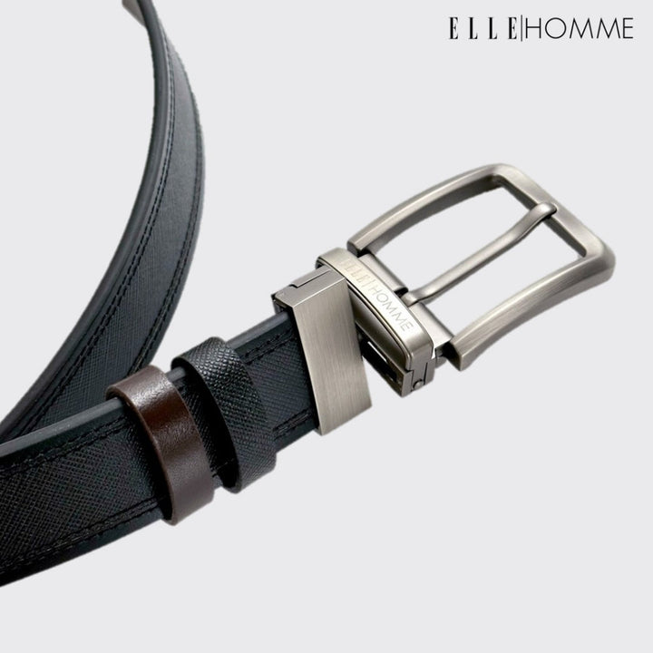 ELLE HOMME | เข็มขัดหนังวัวแท้ หัวเข็มขัดแบบ Reversible สลับใช้งานได้ 2 ด้าน สไตล์ Casual สีดำ | H84011 ICCSHOPPING