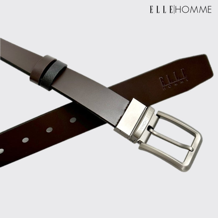 ELLE HOMME | เข็มขัดหนังวัวแท้ หัวเข็มขัดแบบ Reversible สลับใช้งานได้ 2 ด้าน สไตล์ Casual สีดำ | H84011 ICCSHOPPING
