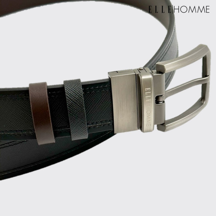 ELLE HOMME | เข็มขัดหนังวัวแท้ หัวเข็มขัดแบบ Reversible สลับใช้งานได้ 2 ด้าน สไตล์ Casual สีดำ | H84011 ICCSHOPPING