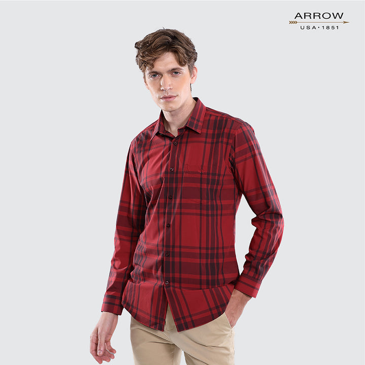 ARROW Bamboo SHIRT เสื้อเชิ้ตทำงานแขนยาว ลายตารางสีแดง ทรง SLIM FIT รหัส MACS108S3B 