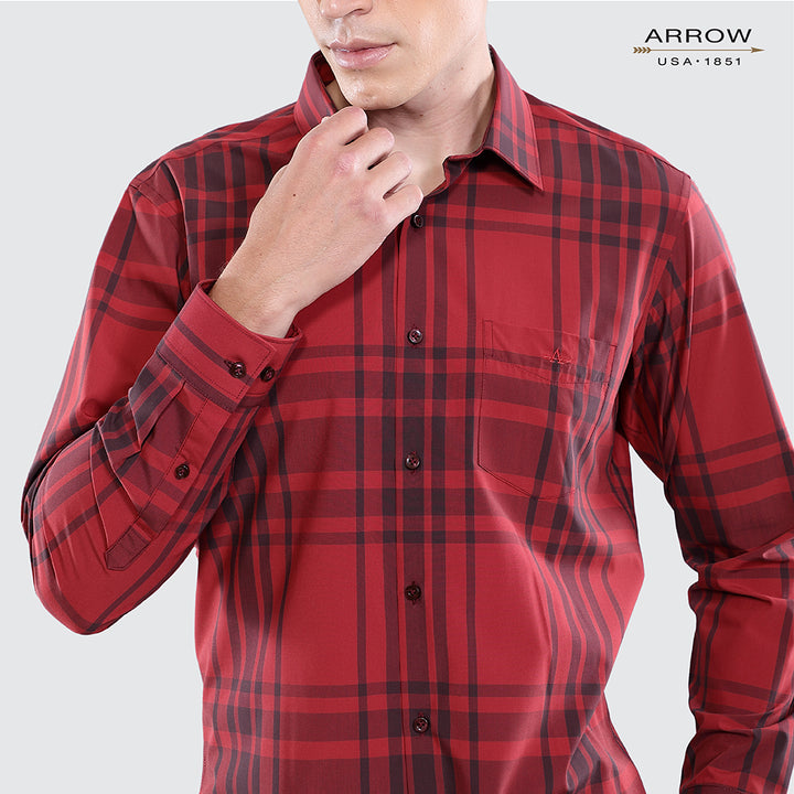 ARROW Bamboo SHIRT เสื้อเชิ้ตทำงานแขนยาว ลายตารางสีแดง ทรง SLIM FIT รหัส MACS108S3B 
