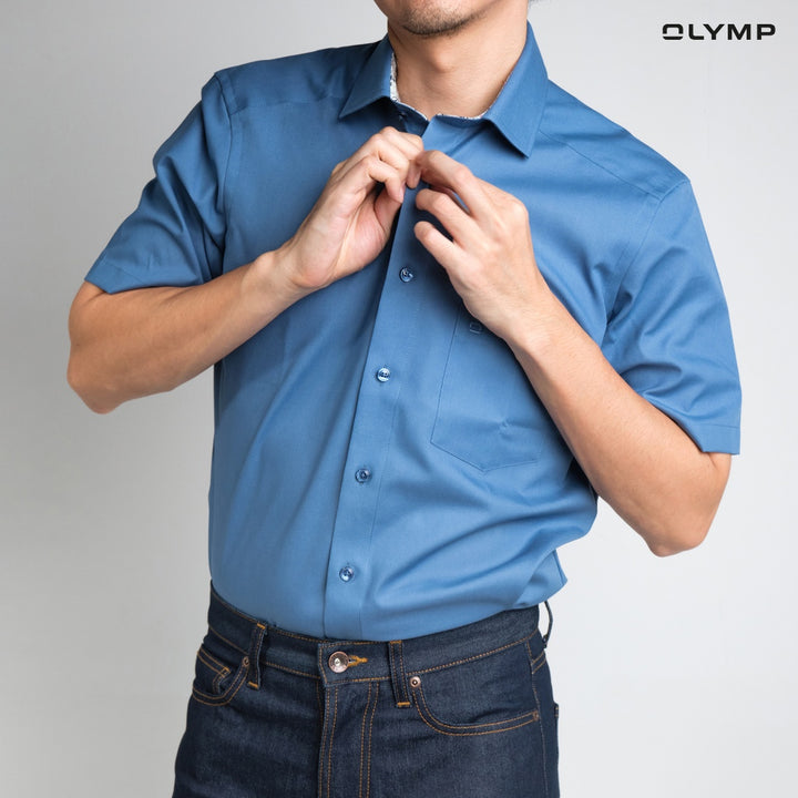OLYMP LUXOR Shirt เสื้อเชิ้ตผู้ชายแขนสั้น ทรงหลวม ผ้าเรียบ สีน้ำเงิน 