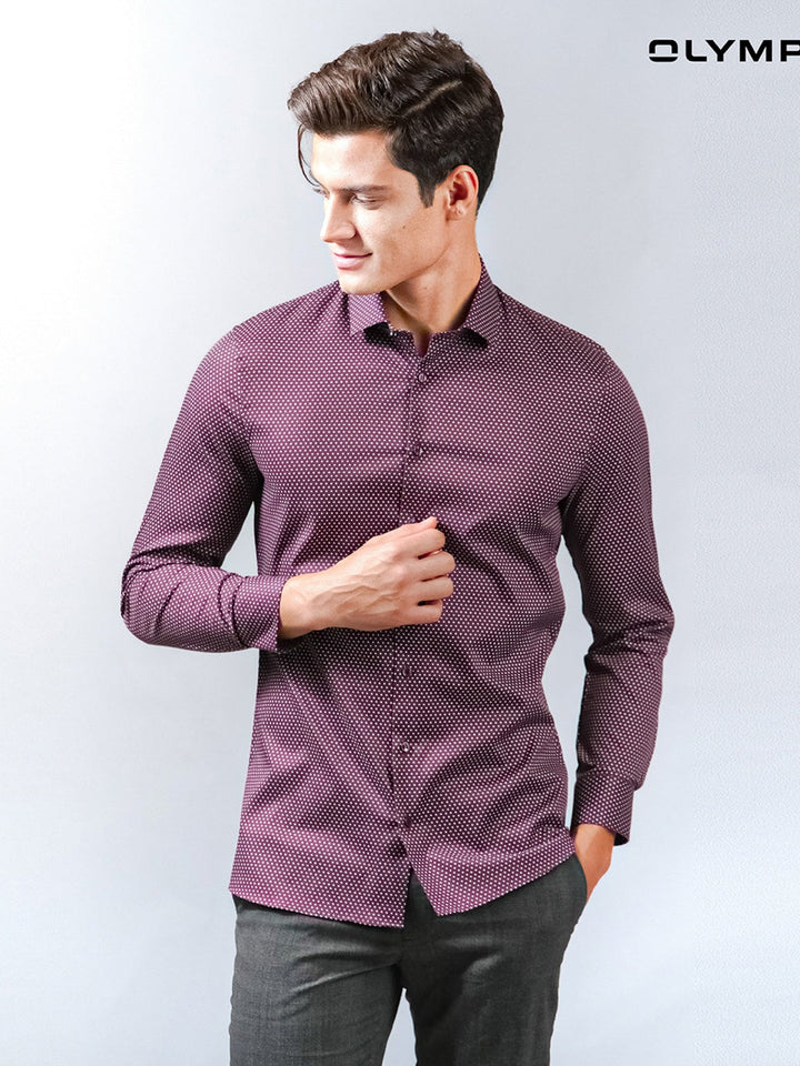 OLYMP  No. Six Shirt เสื้อเชิ้ตชาย สีแดงเข้ม ลายจุด ทรงเข้ารูป ยืดหยุ่นได้ดี รีดง่าย AUTU23 ICCSHOPPING