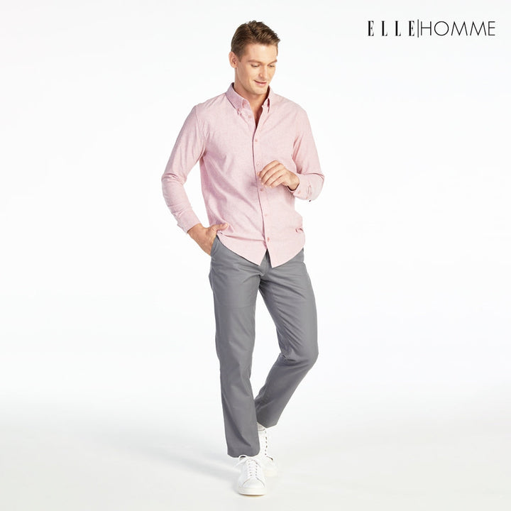 ELLE HOMME เสื้อเชิ้ตแขนยาว คอปก เนื้อผ้าผสม 100% คอตตอน สีแดงไวน์ (W8B675) ELLE HOMME