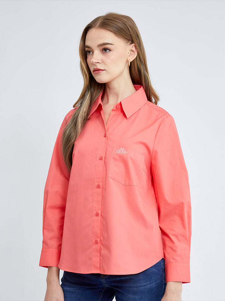 ELLE เสื้อเชิ๊ตสตรีผ้า COTTON แขนยาว ทรงBASIC กระเป๋าอกรีดเพชรโลโก้ ELLE รุ่น W3B223 (มีให้เลือก 2 สี) ICCSHOPPING