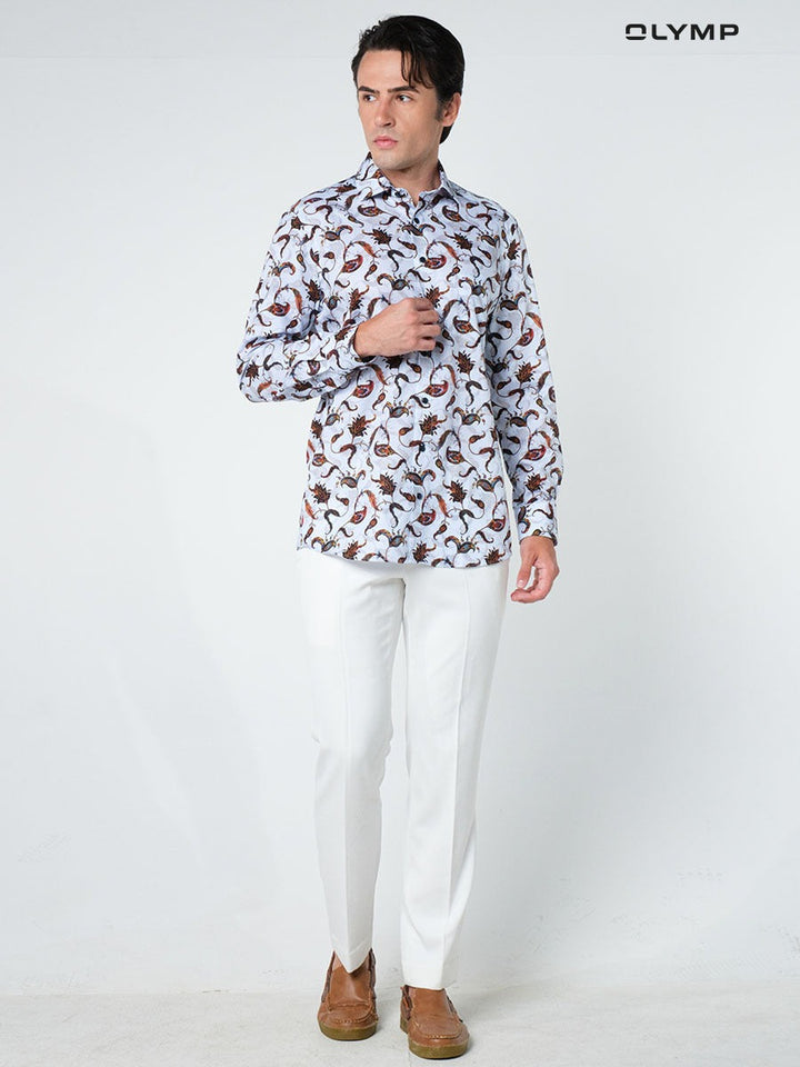 OLYMP  LUXOR Shirt เสื้อเชิ้ตชาย สีกรมท่า ลายพิมพ์ paisley  ทรงหลวม  รีดง่าย SUMM24 ICCSHOPPING