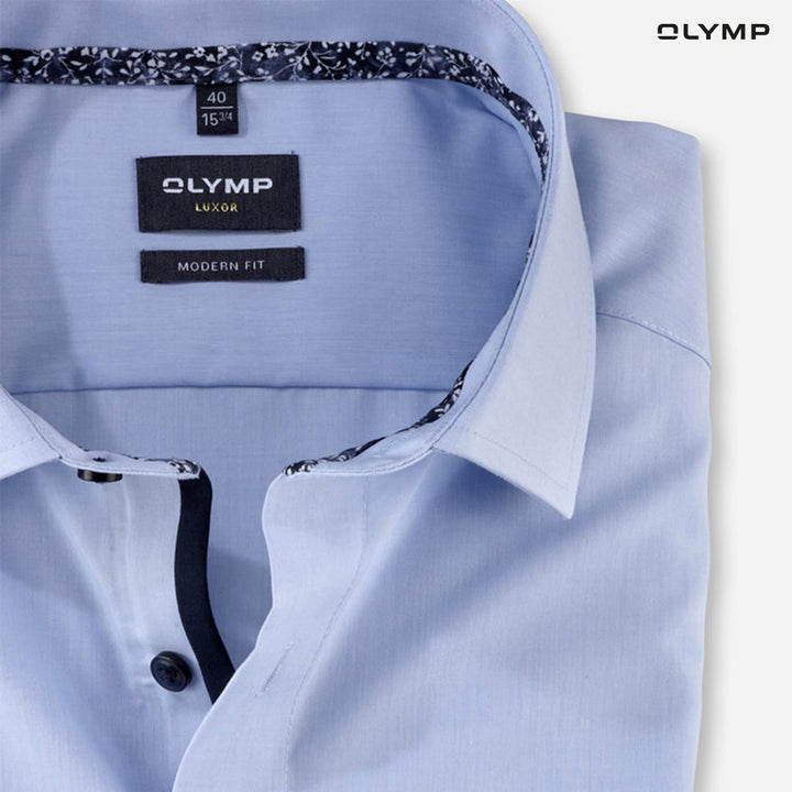 OLYMP LUXOR Shirt เสื้อเชิ้ตผู้ชายแขนสั้น ทรงหลวม ผ้าเรียบ สีฟ้า 