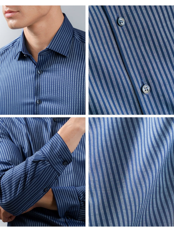 OLYMP  Level Five Shirt เสื้อเชิ้ตชาย สีฟ้าเข้ม ลายริ้วสีกรมท่า ทรงพอดีตัว ยืดหยุ่นได้ดี รีดง่าย AUTU23 ICCSHOPPING