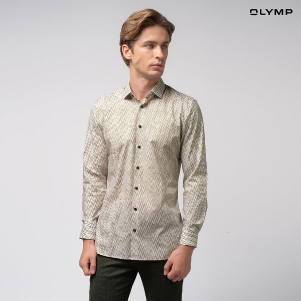 OLYMP  No. Six Shirt เสื้อเชิ้ตชาย ลายพิมพ์สีน้ำตาล ทรงเข้ารูป ยืดหยุ่นได้ดี รีดง่าย SPRI24 เสื้อเชิ้ต