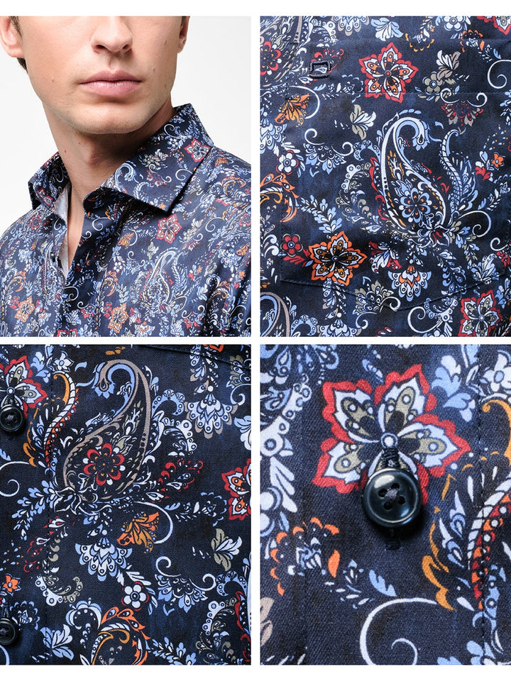 OLYMP  LUXOR Shirt เสื้อเชิ้ตชาย สีน้ำเงิน ลายพิมพ์ เพสลีย์ ทรงหลวม ใส่สบาย รีดง่าย (SPRING24) SPRI24 ICCSHOPPING
