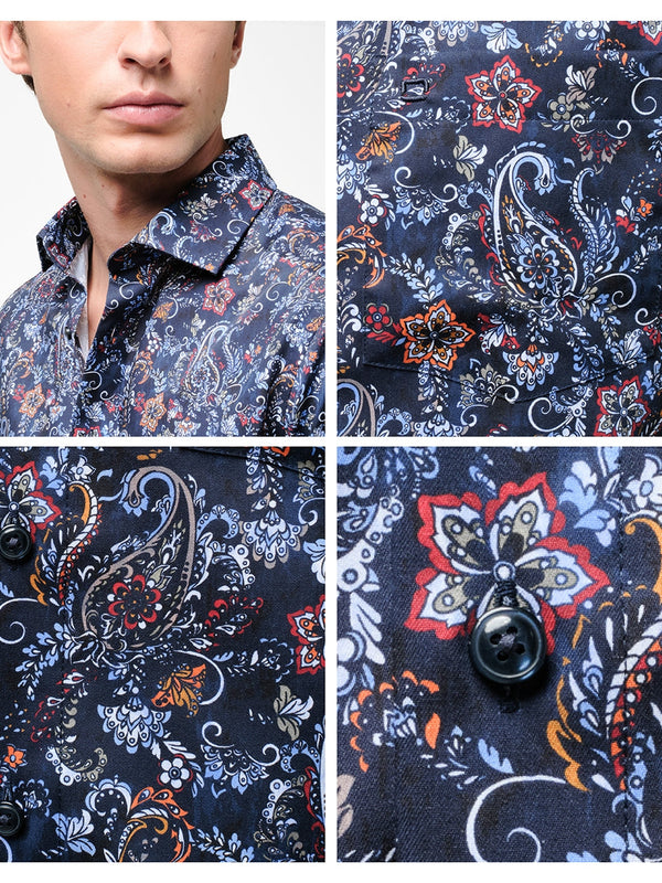 OLYMP  LUXOR Shirt เสื้อเชิ้ตชาย สีน้ำเงิน ลายพิมพ์ เพสลีย์ ทรงหลวม ใส่สบาย รีดง่าย (SPRING24) SPRI24 ICCSHOPPING