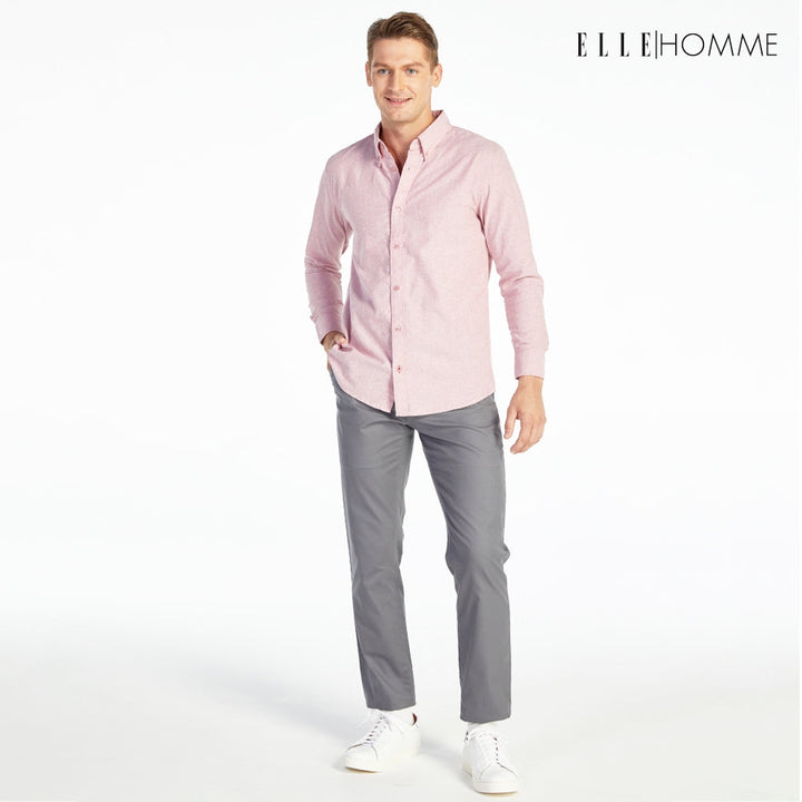 ELLE HOMME เสื้อเชิ้ตแขนยาว คอปก เนื้อผ้าผสม 100% คอตตอน สีแดงไวน์ (W8B675) ELLE HOMME