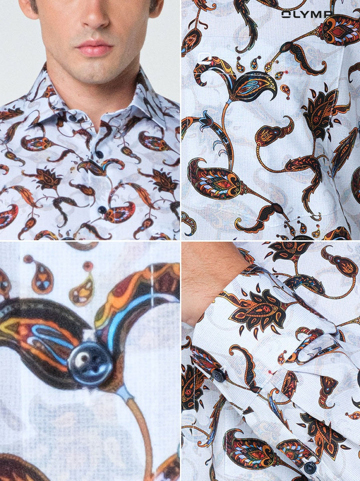 OLYMP  LUXOR Shirt เสื้อเชิ้ตชาย สีกรมท่า ลายพิมพ์ paisley  ทรงหลวม  รีดง่าย SUMM24 ICCSHOPPING