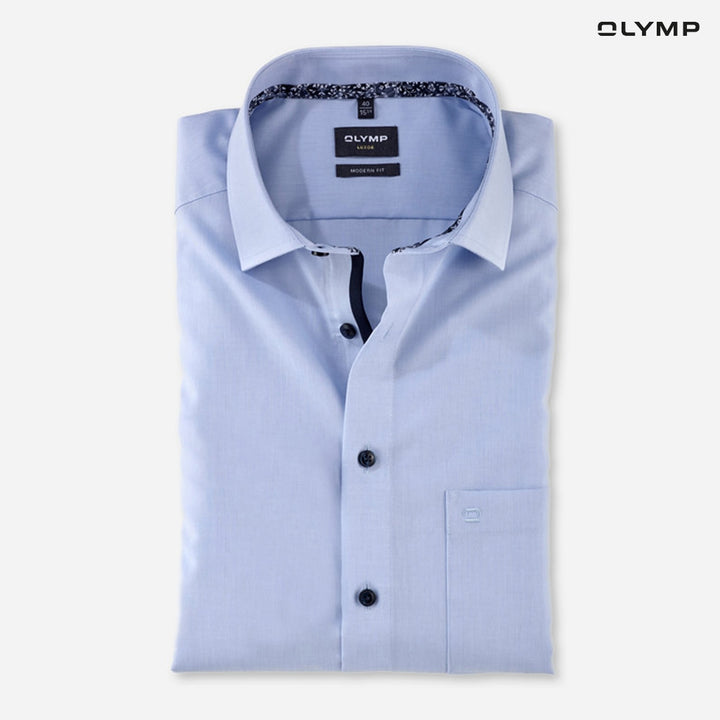 OLYMP LUXOR Shirt เสื้อเชิ้ตผู้ชายแขนสั้น ทรงหลวม ผ้าเรียบ สีฟ้า 