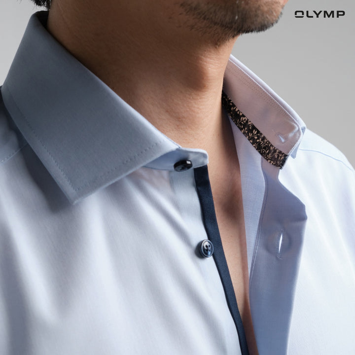 OLYMP LUXOR Shirt เสื้อเชิ้ตผู้ชายแขนสั้น ทรงหลวม ผ้าเรียบ สีฟ้า 