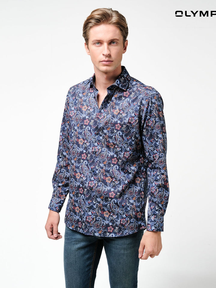 OLYMP  LUXOR Shirt เสื้อเชิ้ตชาย สีน้ำเงิน ลายพิมพ์ เพสลีย์ ทรงหลวม ใส่สบาย รีดง่าย (SPRING24) SPRI24 ICCSHOPPING