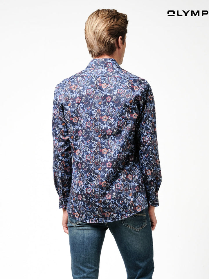 OLYMP  LUXOR Shirt เสื้อเชิ้ตชาย สีน้ำเงิน ลายพิมพ์ เพสลีย์ ทรงหลวม ใส่สบาย รีดง่าย (SPRING24) SPRI24 ICCSHOPPING