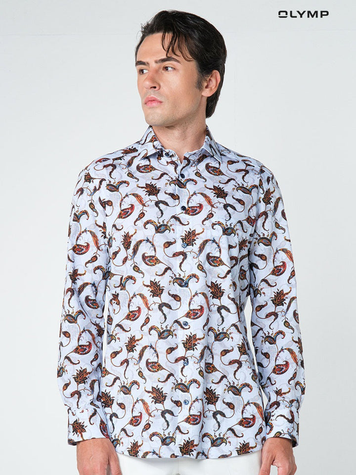 OLYMP  LUXOR Shirt เสื้อเชิ้ตชาย สีกรมท่า ลายพิมพ์ paisley  ทรงหลวม  รีดง่าย SUMM24 ICCSHOPPING