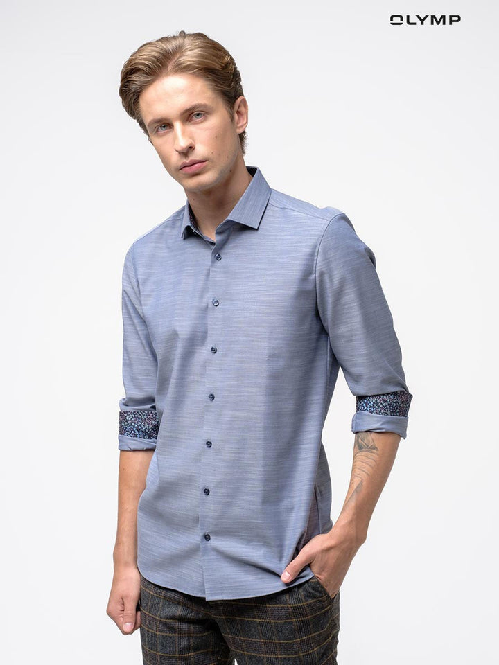 OLYMP  Level Five Shirt เสื้อเชิ้ตชาย สีเทา แต่งปกคอ ผ้าเท็กเจอร์ ทรงพอดีตัว ยืดหยุ่นได้ดี รีดง่าย SPRI24 ICCSHOPPING