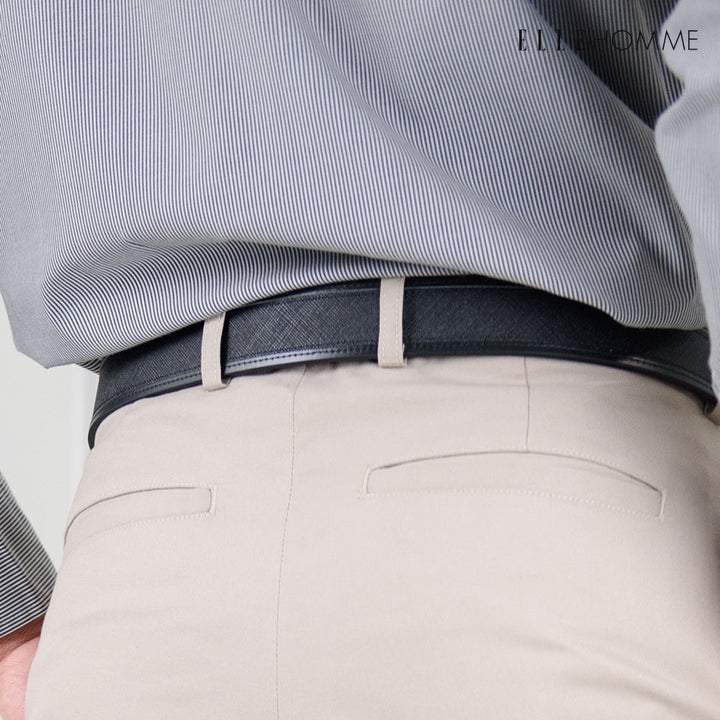 ELLE HOMME | เข็มขัดหนังวัวแท้ หัวเข็มขัดแบบ Reversible สลับใช้งานได้ 2 ด้าน สไตล์ Casual สีดำ | H84011 ICCSHOPPING
