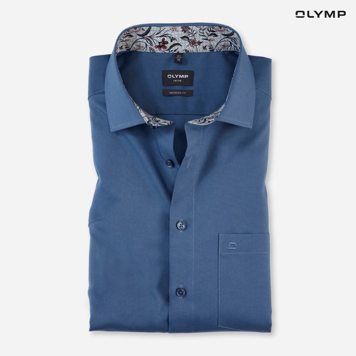 OLYMP LUXOR Shirt เสื้อเชิ้ตผู้ชายแขนสั้น ทรงหลวม ผ้าเรียบ สีน้ำเงิน 