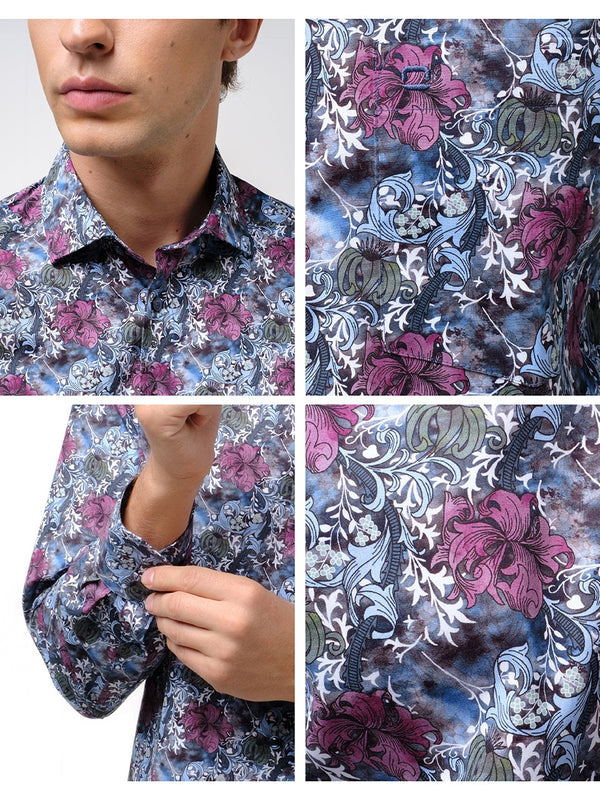 OLYMP  LUXOR Shirt เสื้อเชิ้ตชาย สีน้ำเงิน ลายพิมพ์ดอกไม้สีม่วง ทรงหลวม ใส่สบาย รีดง่าย (SPRING24) SPRI24 ICCSHOPPING