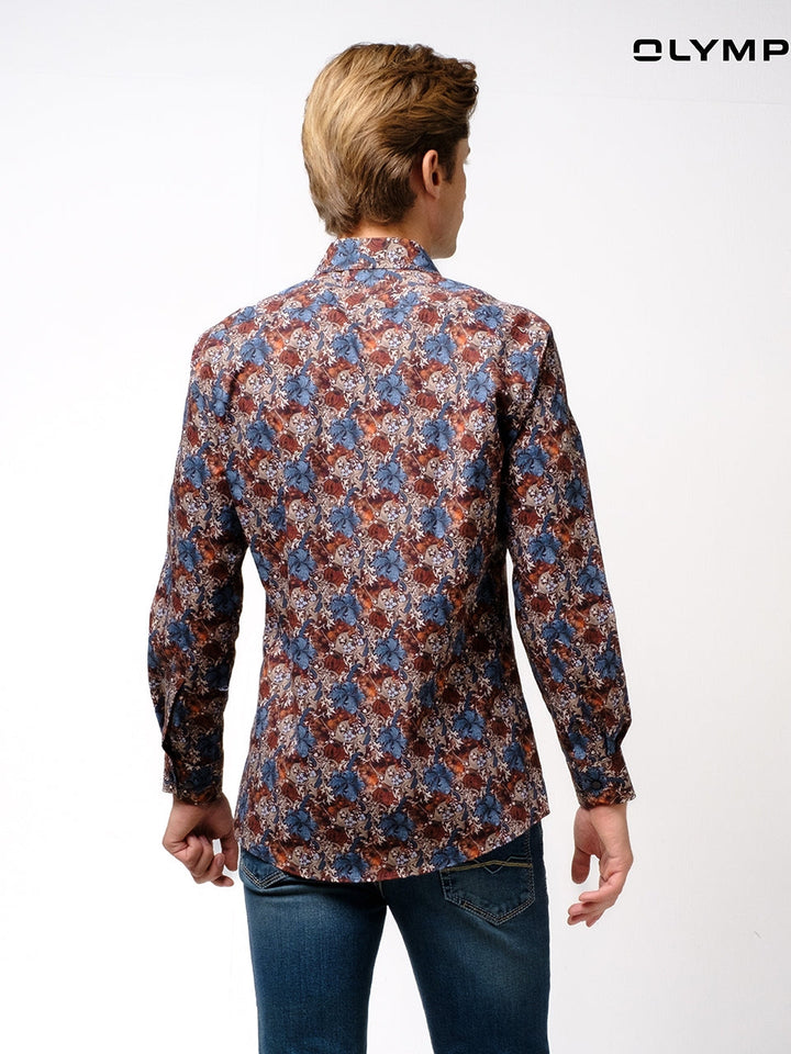 OLYMP  LUXOR Shirt เสื้อเชิ้ตชาย สีน้ำตาล ลายพิมพ์ดอกไม้สีสีน้ำเงิน ทรงหลวม ใส่สบาย รีดง่าย (SPRING24) SPRI24 OLYMP