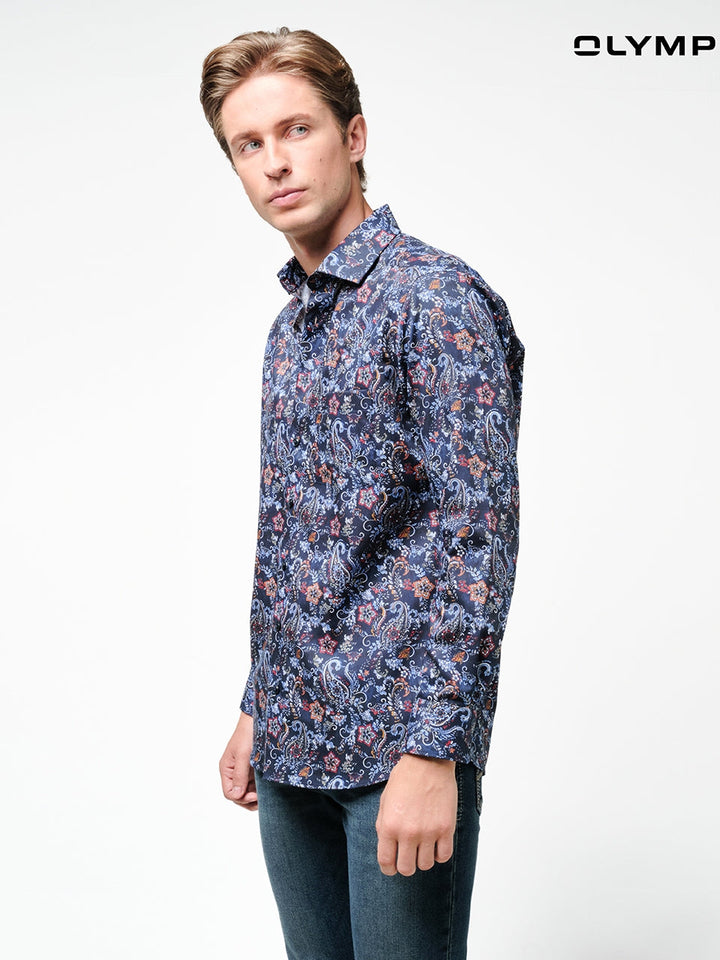 OLYMP  LUXOR Shirt เสื้อเชิ้ตชาย สีน้ำเงิน ลายพิมพ์ เพสลีย์ ทรงหลวม ใส่สบาย รีดง่าย (SPRING24) SPRI24 ICCSHOPPING