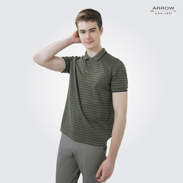 ARROW เสื้อโปโล  ทรง Smart fit สีเขียว ลายริ้ว รหัส MPCM211 
