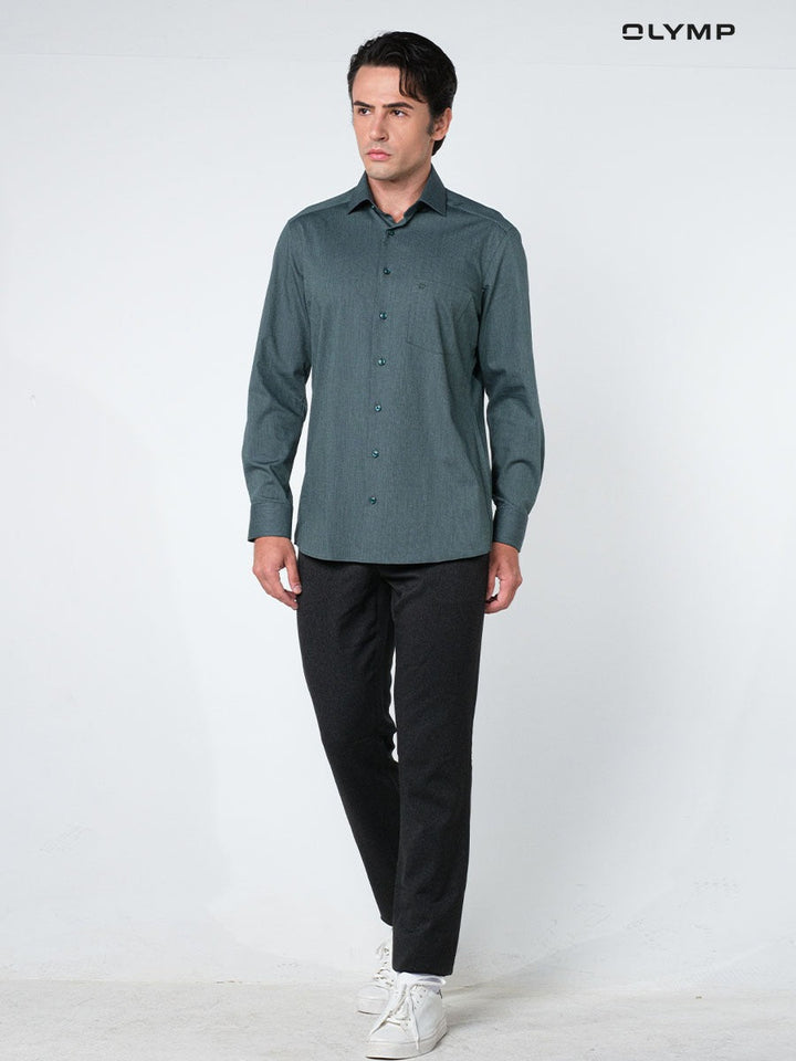 OLYMP  24/Seven LUXOR Shirt เสื้อเชิ้ตปรับอุณหภูมิ  สีเขียวเข้ม ผ้าเท็กเจอร์แต่งปก ทรงหลวม ยืดหยุ่นได้ดี ICCSHOPPING