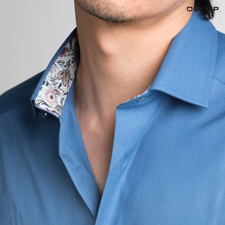 OLYMP LUXOR Shirt เสื้อเชิ้ตผู้ชายแขนสั้น ทรงหลวม ผ้าเรียบ สีน้ำเงิน 